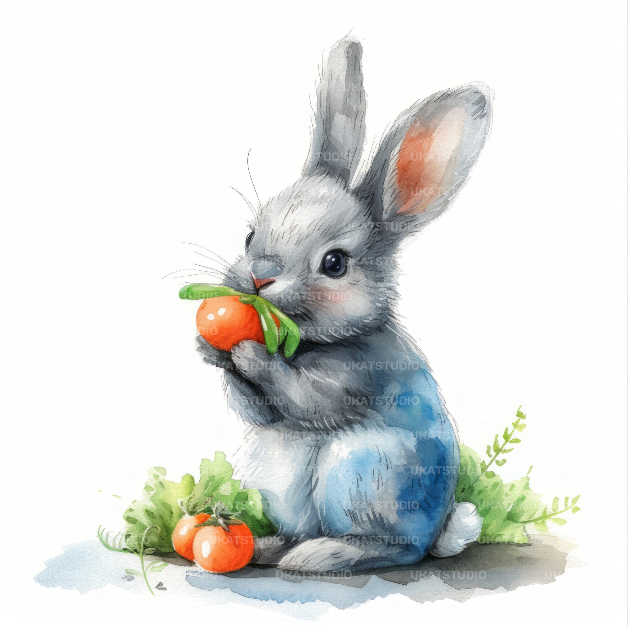 Cute Watercolor Rabbit Eating Clipart , 12 High Quality Images