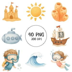 Słodkie morskie i oceaniczne kliparty | 40 PNG wysokiej jakości cyfrowe pobieranie | Dekoracja na baby shower do pokoju dziecięcego | Zestaw akwarelowych dziecięcych grafik ściennych