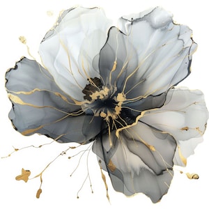 Flor abstracta gris con imágenes prediseñadas doradas, 24 imágenes de alta calidad JPGs Descarga digital, Diario basura de fabricación de tarjetas, Paquete de arte de pared JPGs