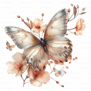 Clipart fleur papillon couleur beige, 26 images de haute qualité en téléchargement numérique JPG, carnet de voyage pour la fabrication de cartes, lot d'art mural JPG