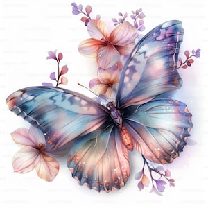 Clipart de flor de borboleta em cor pastel, 23 imagens de alta qualidade JPGs download digital, criação de cartões Junk Journal, pacote de arte de parede JPGs