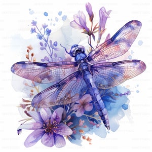 Imágenes prediseñadas de flores de libélula de color púrpura, 20 imágenes de alta calidad JPGs Descarga digital, Diario basura de fabricación de tarjetas, Paquete de arte de pared JPGs