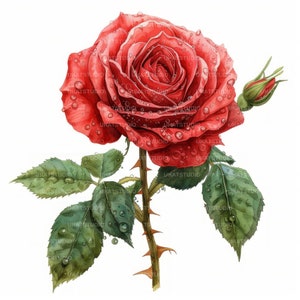 Rose Red Bloom Stengel Clipart, 20 hoge kwaliteit afbeeldingen JPGs Digitale Download, Card Making Junk Journal, JPGs Wall Art Bundle