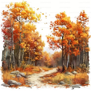 Clipart de scène de paysage d'automne, téléchargement numérique JPG de 25 images de haute qualité, journal indésirable pour la fabrication de cartes, lot d'art mural JPG