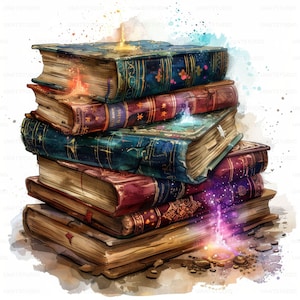Puede incluir: Una pila de cinco libros antiguos con cubiertas de cuero gastadas y letras doradas. Los libros están dispuestos en forma de pirámide y están rodeados de un fondo de acuarela con salpicaduras de color. Los libros emiten un brillo mágico.