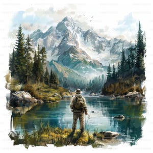 Hombre pescando con imágenes prediseñadas de montaña y lago, 20 imágenes de alta calidad JPGs Descarga digital, Diario basura de fabricación de tarjetas, Paquete de arte de pared JPGs