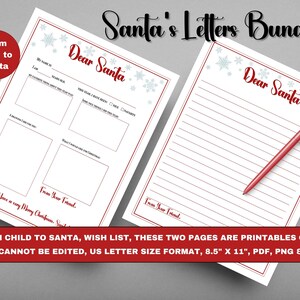Afdrukbare kerstverlanglijst en brief aan de kerstman, van kind, niet-bewerkbare pdf-download, cadeaulijst downloaden, 2 bestanden