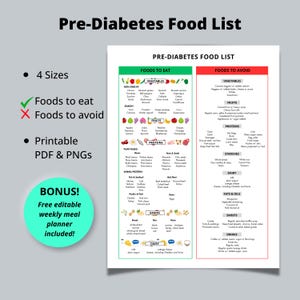 Elenco di alimenti prediabetici stampabile, dieta prediabete, cibi da evitare, piano alimentare modificabile, download digitale