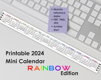 Printable 2024 Mini Desk Calendar, Miniature 2024 Keyboard Calendar Strip in Rainbow, Quick Date Reference, Sunday Start