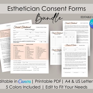 Könnte beinhalten: Ein Bündel von Einverständniserklärungen für Kosmetikerinnen, einschließlich Gesichtsbehandlungs- und Beratungsformularen sowie Kundenakten. Die Formulare sind in Canva bearbeitbar, im PDF-Format druckbar und in A4- und US Letter-Größen erhältlich.