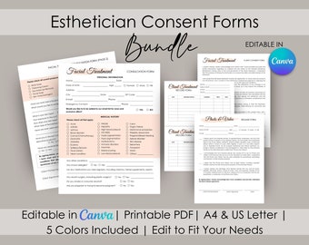 May include: A bundle of esthetician consent forms, including facial treatment and consultation forms, and client record forms. The forms are editable in Canva, printable in PDF format, and available in A4 and US Letter sizes. The bundle includes 5 colors.