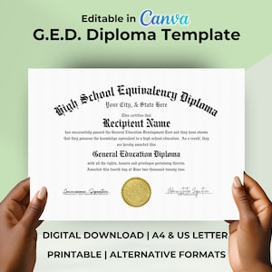 Bearbeitbare GED-Diplomvorlage, druckbares High School Äquivalenzdiplom, Zertifikatspreisandenken