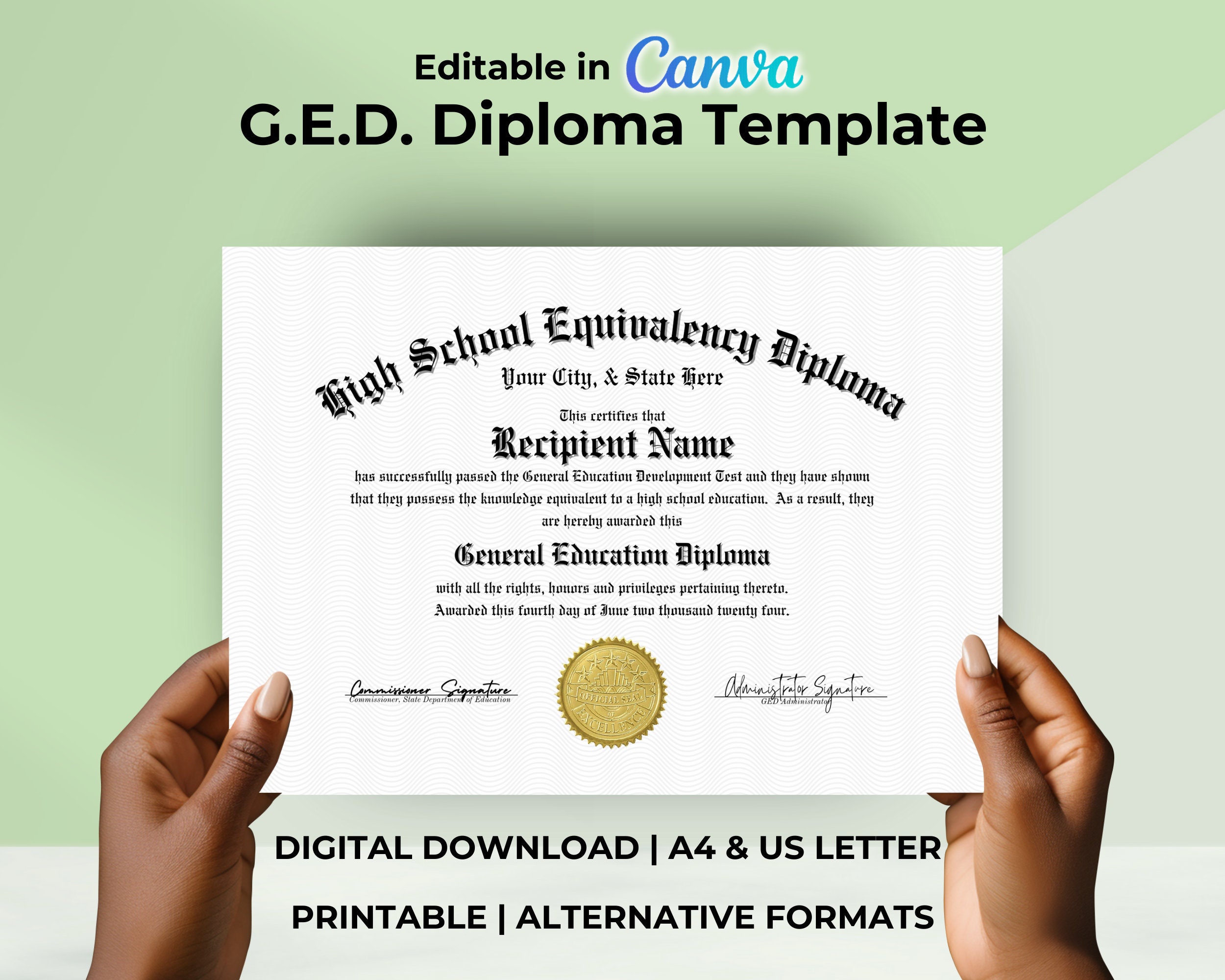 Editable GED Diploma Template, Printable High School Equivalency Editable GED Diploma Template, Printable High School Equivalency
