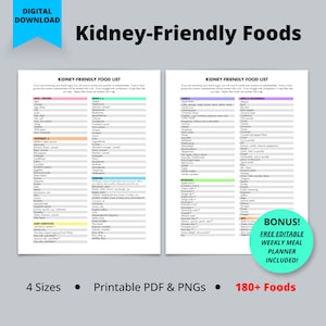 Niervriendelijke voedsellijst afdrukbaar, jichtvoedselkaart, fase 3 nierziektedieet, nierdieetmaaltijdplanner, Instant Download