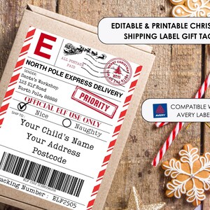 Puede incluir: Etiquetas de regalo para envíos de Navidad imprimibles con un borde de rayas rojas y blancas. La etiqueta dice "North Pole Express Delivery" y tiene una casilla de verificación para "Nice" y un círculo para "Naughty". La etiqueta es compatible con las etiquetas Avery.