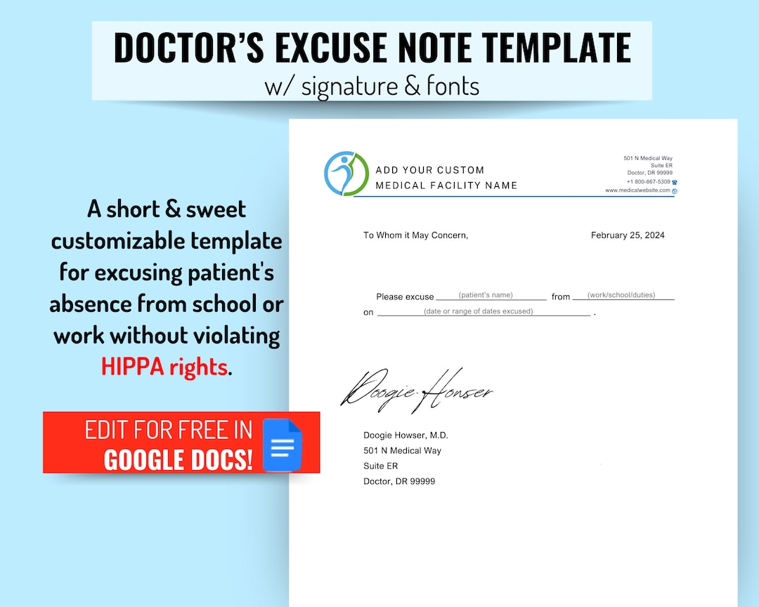健康・医学 year note/Quick Check Editable Doctor's Excuse Template: Medical Note (google Docs