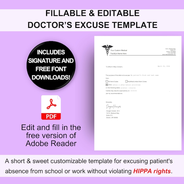 Doctor's Excuse Template,  Medical Excuse Note, Drs Note to Return to School or Work, Fillable PDF