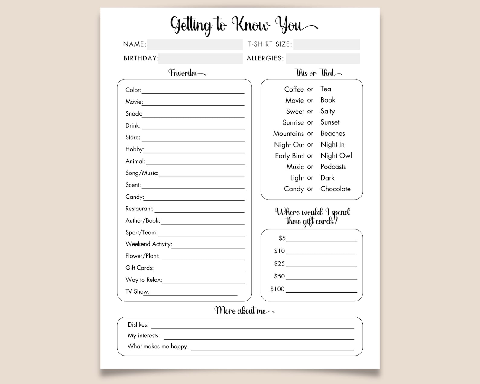 Get to Know Your Staff Questionnaire Printable, Getting to Know You ...