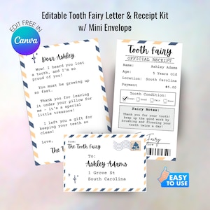 Kit modificabile per lettera e ricevuta della Fatina dei denti con mini busta (modello Canva)