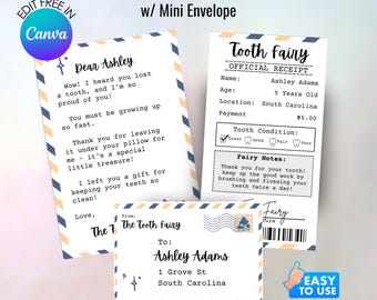 Redigerbart tandfébrev och kvittopaket med minikuvert (Canva-mall)