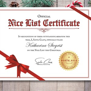 Certificado oficial editable de Nice List de Papá Noel, Navidad personalizada imprimible, descarga personalizable