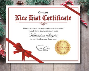 Editable Official Nice List Certificate From Santa Claus, Personalized Christmas Printable, Customizable Download