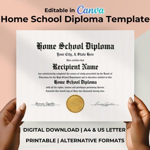 Editable Home School Diploma Template, Printable Homeschool Graduation Diploma, Certificate Award Keepsake