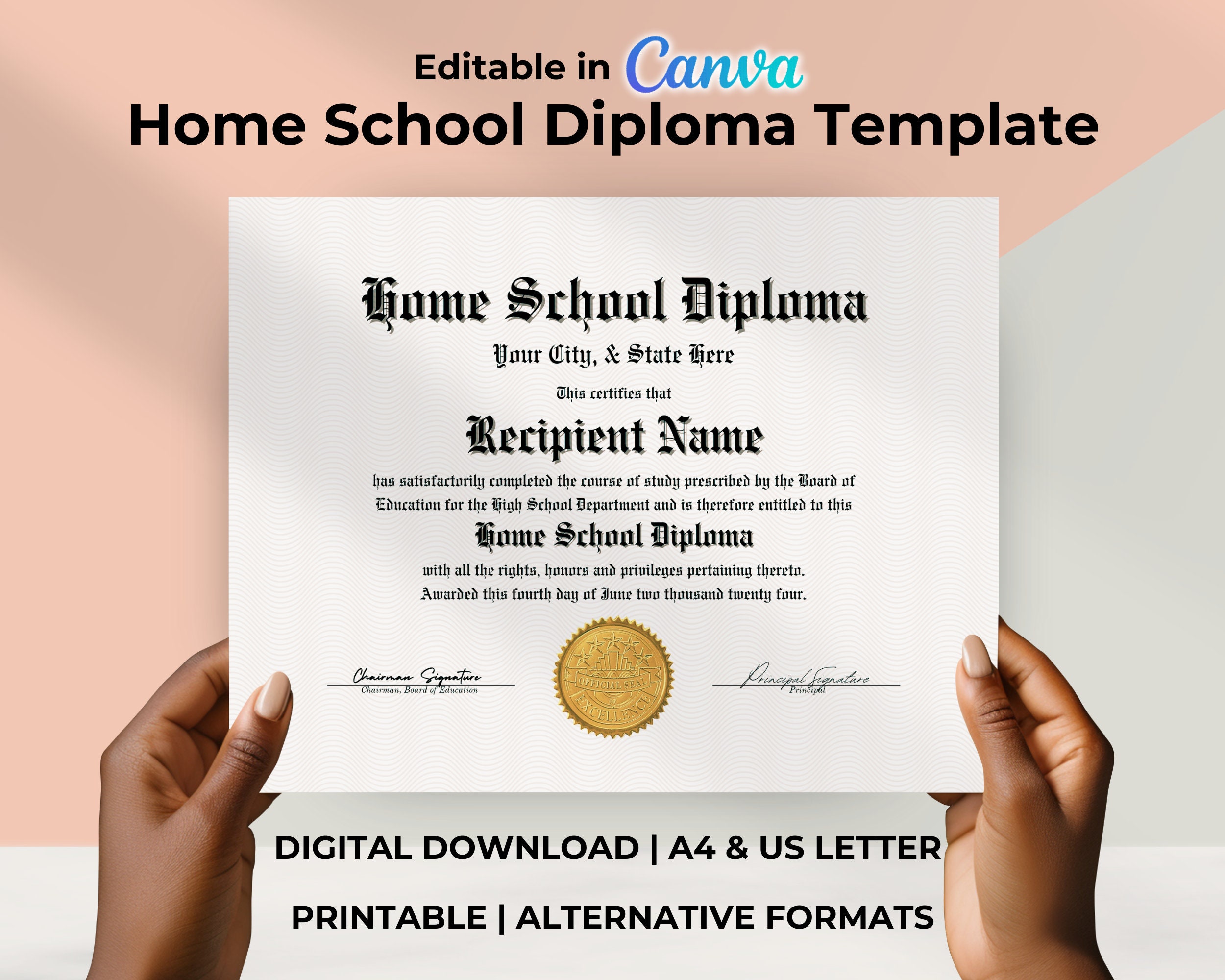 Editable Home School Diploma Template, Printable Homeschool Graduation ...
