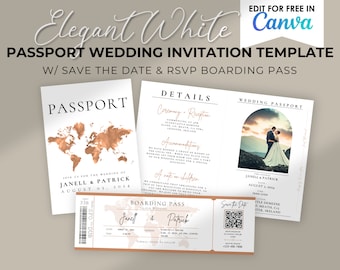 Passport Wedding Invitation Template: Destination Wedding Boarding Pass (Canva Editable)