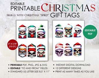 Christmas Skull Gift Tags: Editable Holiday Skulls (Digital Download)
