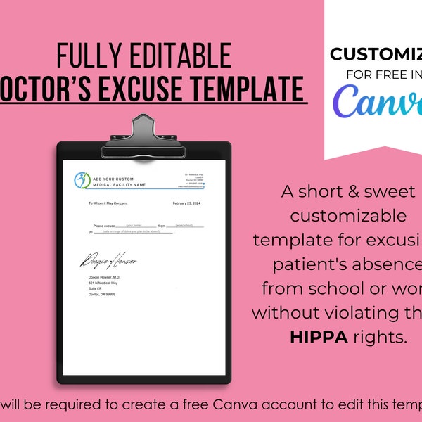 Editable Doctor's Excuse Template, Medical Excuse Note, Drs Note for Absence from School or Work