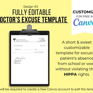Pode incluir: Um modelo de atestado médico em preto e branco com um símbolo médico e o texto "ADD YOUR CUSTOM MEDICAL FACILITY NAME". O modelo é totalmente editável e pode ser personalizado gratuitamente no Canva. O texto "Um modelo curto e doce personalizável para justificar a ausência do paciente da escola ou do trabalho sem violar seus direitos HIPPA." também está incluído.
