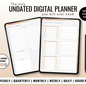 May include: A digital planner on a tablet screen with a black stylus. The planner is undated and includes yearly, quarterly, monthly, weekly, daily, and hourly views. The planner has over 80 pages and is available in multiple colors.