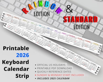 Calendario imprimible para teclado 2026, incluye todas las versiones y calendarios 2025 (descarga digital)