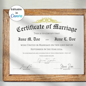 Editable Marriage Certificate Template, Printable Vow Renewal Certificate, Wedding Keepsake