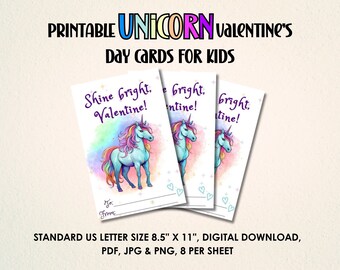 Unicorn Valentine's Day Cards for Classmates (Digital Download)