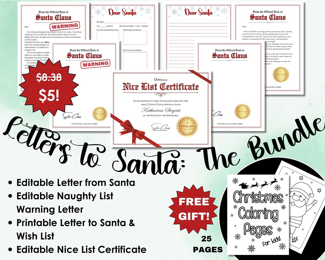 Editable Letter to Santa Bundle: Nice List Certificate & Coloring Pages ...