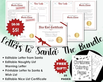 Editable Letter to Santa Bundle: Nice List Certificate & Coloring Pages (Digital Download)