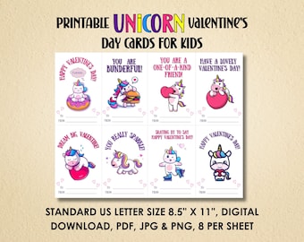 Printable Unicorn Valentine's Day Cards for Classmates (Digital Download)