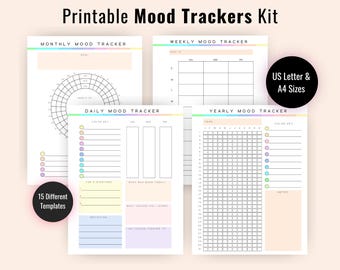 Printable Mood Trackers with Free Feelings Wheel, Monthly Mood Tracker, Therapy Worksheets