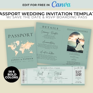 Paspoortsjabloon huwelijksuitnodiging, volledig bewerkbaar, Save the Date-instapkaart met RSVP QR-code voor bestemmingsbruiloft