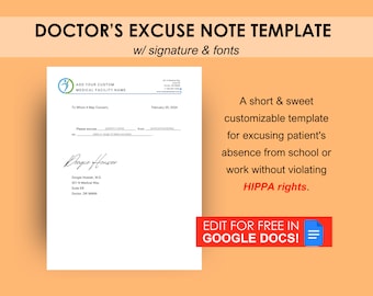 Editable Doctor's Excuse Template, Medical Excuse Note, Drs Note to Return to School or Work