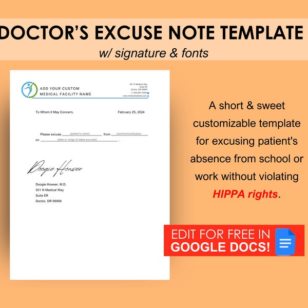 Editable Doctor's Excuse Template, Medical Excuse Note, Drs Note to Return to School or Work