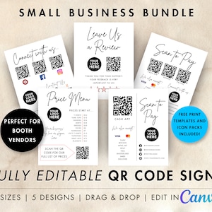 QR Code Small Business Signs, Printable and Editable Scan to Pay Templates, Small Business Vendor Display Sign Bundle, Canva Template