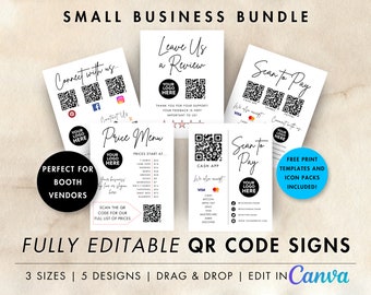 QR Code Small Business Sign Bundle: Scan to Pay, Review, Connect (Canva Template)