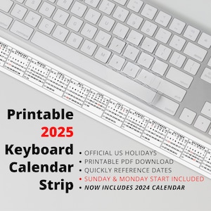 Tischkalenderstreifen, 2025 Minikalender, Kalenderaufkleber zum Ausdrucken, Kalender 2024 inklusive, Sonntag und Montag Start