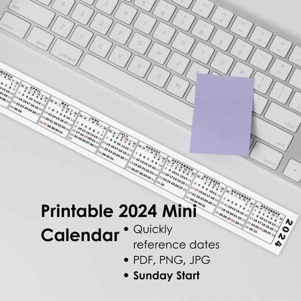 Printable 2024 Mini Desk Calendar, Miniature 2024 Keyboard Calendar Strip for Quick Date Reference, Sunday Start