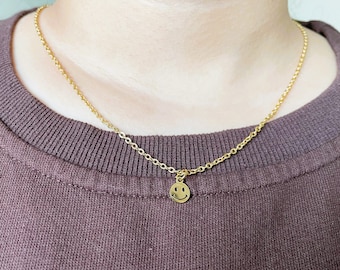 Gold happy face charm necklace for women / gold smiley face pendant necklace / stainless steel waterproof chain / smiley choker necklace