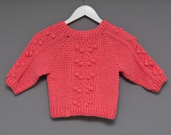 Handgemachter Häkelpullover für 3-jährige Mädchen, geprägter Häkelpullover, Mädchenpullover, Koralle Pullover, Pullover für Mädchen, handgemachter Pullover