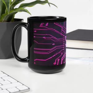 May include: A black ceramic mug featuring a vibrant magenta and dark purple circuit board pattern printed on its exterior. The design displays intricate lines and nodes resembling electronic pathways, wrapping around the cylindrical surface.